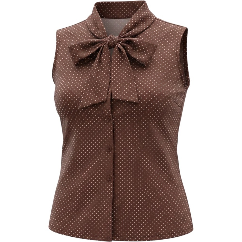 Ship N Shore Summer Women 16 Brown Dotted Sleeveless Bow Button Up Top sheer Vtg